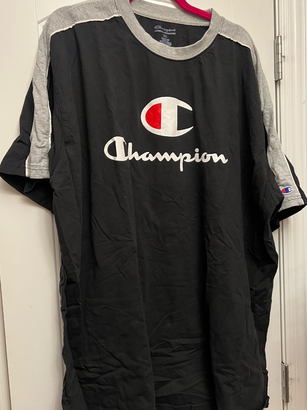 Champion Black Tee with Gray Sleeves and Red Logo Accent